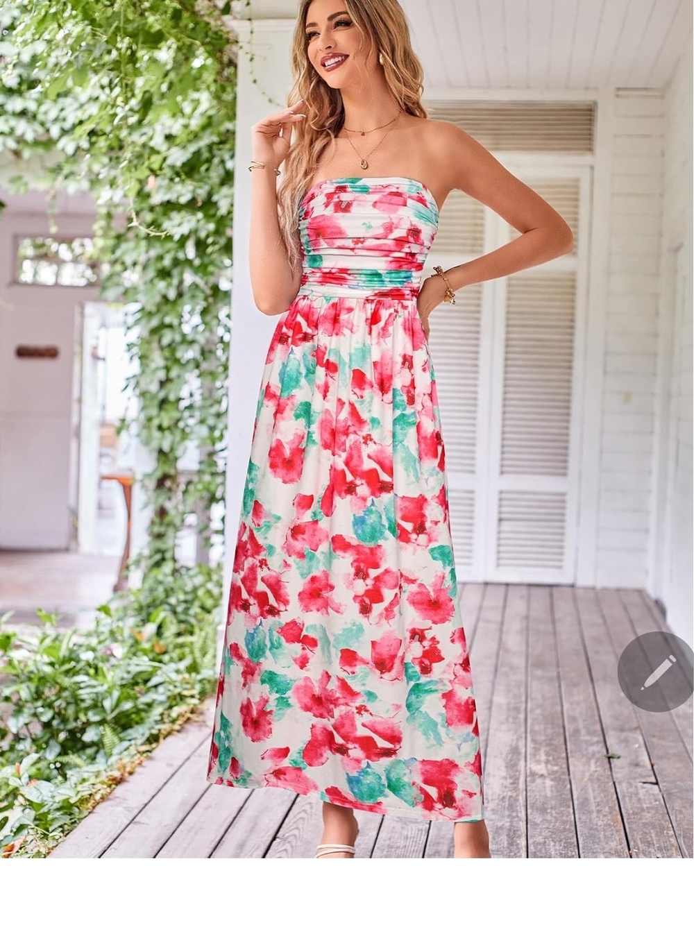 Grace Karin Strapless Floral Maxi Dress in White, Red & Teal